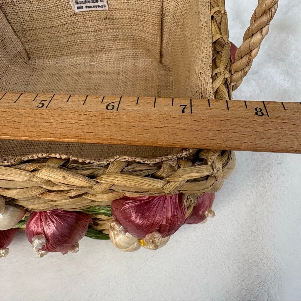 Vintage Handmade Straw Basket w/ Strawberry & Floral with Raffia Trim Handles
